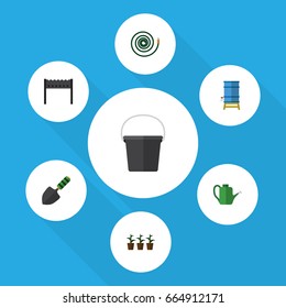 Flat Icon Dacha Set Of Pail, Trowel, Container And Other Vector Objects. Also Includes Garden, Watering, Shovel Elements.
