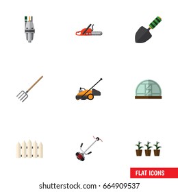 Flat Icon Dacha Set Of Pump, Trowel, Grass-Cutter And Other Vector Objects. Also Includes Shovel, Fork, Blade Elements.