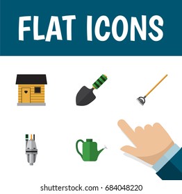 Flat Icon Dacha Set Of Pump, Stabling, Tool And Other Vector Objects. Also Includes Farmhouse, Barn, Hoe Elements.