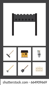 Flat Icon Dacha Set Of Shovel, Tool, Harrow And Other Vector Objects. Also Includes Barbecue, Shovel, Barrier Elements.