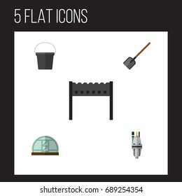 Flat Icon Dacha Set Of Shovel, Barbecue, Hothouse And Other Vector Objects. Also Includes Pump, Container, Pail Elements.