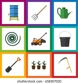 Flat Icon Dacha Set Of Spade, Pail, Flowerpot And Other Vector Objects. Also Includes Hose, Tank, Watering Elements.