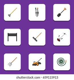 Flat Icon Dacha Set Of Spade, Tool, Hosepipe And Other Vector Objects. Also Includes Hose, Pitchfork, Barbecue Elements.