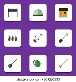 Flat Icon Dacha Set Of Spade, Shovel, Barbecue And Other Vector Objects. Also Includes Shovel, Hoe, Hothouse Elements.