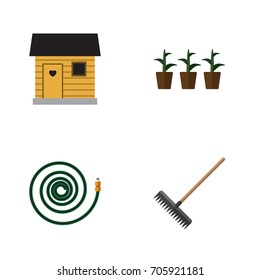 Flat Icon Dacha Set Of Stabling, Harrow, Flowerpot And Other Vector Objects. Also Includes Hose, Hosepipe, Flowerpot Elements.