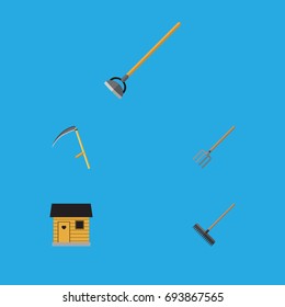 Flat Icon Dacha Set Of Tool, Harrow, Cutter And Other Vector Objects. Also Includes Pitchfork, Hoe, Gardening Elements.