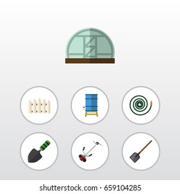 Flat Icon Dacha Set Of Trowel, Container, Hosepipe And Other Vector Objects. Also Includes Spade, Cutter, Hosepipe Elements.