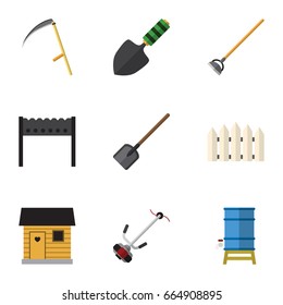 Flat Icon Dacha Set Of Wooden Barrier, Stabling, Trowel And Other Vector Objects. Also Includes Spatula, Lawn, Stabling Elements.