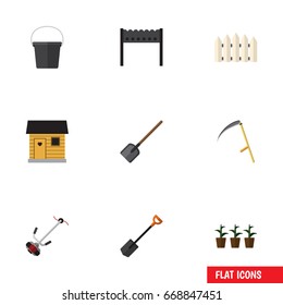 Flat Icon Dacha Set Of Wooden Barrier, Flowerpot, Shovel And Other Vector Objects. Also Includes Plant, Pail, Barrier Elements.