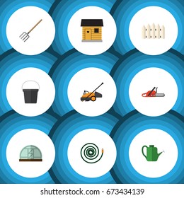 Flat Icon Dacha Set Of Wooden Barrier, Hay Fork, Stabling And Other Vector Objects. Also Includes Barrier, Hosepipe, Hothouse Elements.