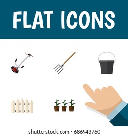 Flat Icon Dacha Set Of Wooden Barrier, Grass-Cutter, Flowerpot And Other Vector Objects. Also Includes Barrier, Botany, Plant Elements.