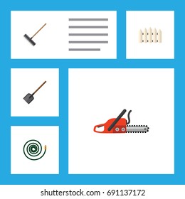 Flat Icon Dacha Set Of Wooden Barrier, Hosepipe, Hacksaw And Other Vector Objects. Also Includes Wooden, Hosepipe, Tool Elements.