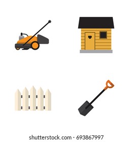 Flat Icon Dacha Set Of Wooden Barrier, Stabling, Spade And Other Vector Objects. Also Includes Barn, Wooden, Farmhouse Elements.
