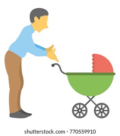 
Flat icon of a dad pushing baby stroller with care
