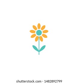 flat icon of daisy flower with sprig and leaves. Big Bloom with big oval petals and white core. Isolated on white. Vector illustration. Eco style. Nature symbol.
