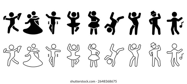 Ícone plano de Dança com fundo transparente. Ícone de dança definido com vários estilos. Entre eles estão Couple dance, Squere, Ballroom, Belly dance, Ballet, Zumba, Latin, Jazz, Ska e muitos mais. 
