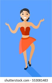Flat icon of dancer in the red clothing. Isolated on blue background. Vector ilustration. 
