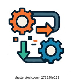 Flaches Symbol für eine Datenpipeline oder einen ETL-Prozess, mit einer stilisierten Darstellung von miteinander verbundenen Zahnrädern, Rohren oder Pfeilen in einem modernen und minimalistischen Design, mit einem fetten Farbschema und klaren Linien