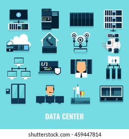 Flat icon datacenter icon set with different processes and equipment and tools for correctly work vector illustration