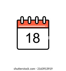 Icono plano Fecha 18 aislado en fondo blanco.
