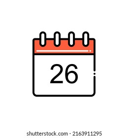 Icono plano Fecha 26 aislado en fondo blanco.