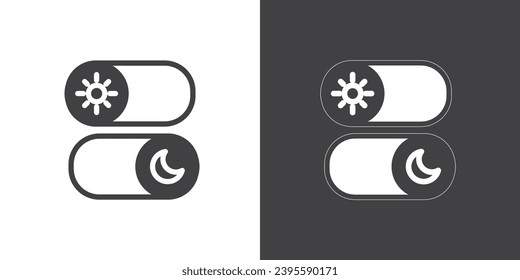 Flachbild-Symbol für Tag- und Nachtmodus-Switcher. Symbole des Tages- und Nachtmodus, einzeln auf schwarz-weißem Hintergrund. Dunkle und helle Symbole, Vektorgrafik.