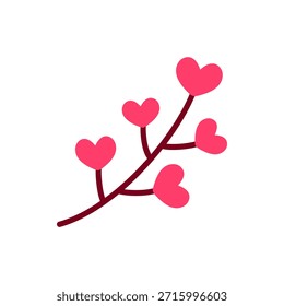 Icono plano de una rama delicada decorada con hojas en forma de corazón en colores románticos suaves. Perfecto para temas de naturaleza de San Valentín, simbolismo amoroso, acentos decorativos e ilustraciones románticas.