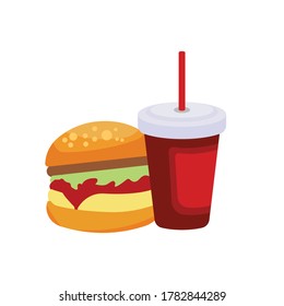 Flat icon of delicious burgers and fast food drinks. design template Vector