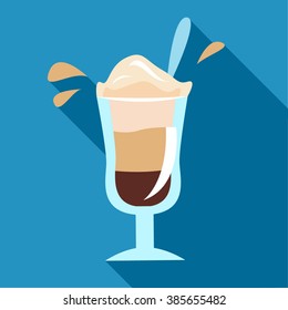 Flat icon of delicious Irish coffee with cream and milk drops