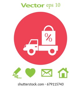 Flat icon. Delivery of purchases. A discount.