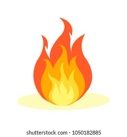 Flat icon depicting fire isolated on white. Vector illustration of bright red-orange-yellow glowing flame casting slightly visible shadow