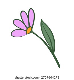 Icono plano que representa una flor de color púrpura claro con un tallo verde y hojas. Ilustración de planta plana.