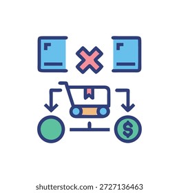 Icono plano que representa una falla en la cadena de suministro con paquetes, Carrito, dinero. Estilo moderno con colores vibrantes.