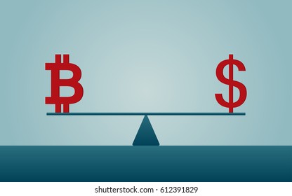 flat icon design of balance dollar sign and bitcoin on blue color background