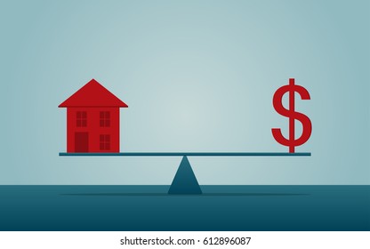 flat icon design of balance dollar sign and house on blue color background
