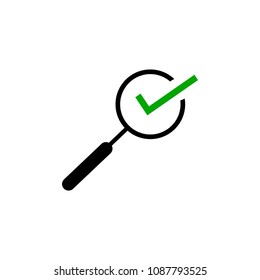 Flat icon design of black magnifying glass sign with green check mark using for business analysis concept or detective.