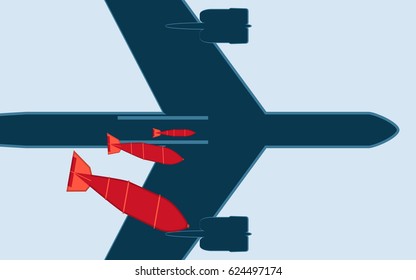 flat icon design of bomber plane dropping bombs in blue color background