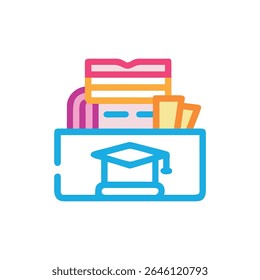 Flat icon design with books, diploma and graduation cap in vibrant colors representing education and success.