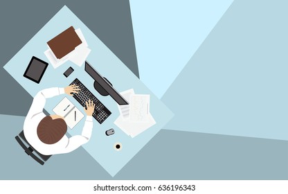 flat icon design of business man working with computer on desk in top view