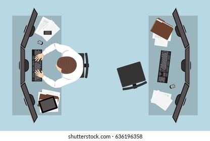 Flat Icon Design Of Business Man Working With Computer On Desk In Top View