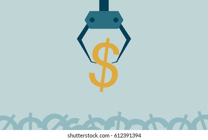 flat icon design of Claw Machines pick up dollar sign from group on blue color background