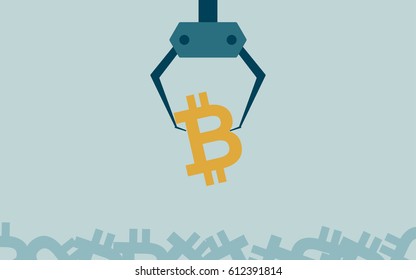 flat icon design of Claw Machines pick up bitcoin sign from group on blue color background