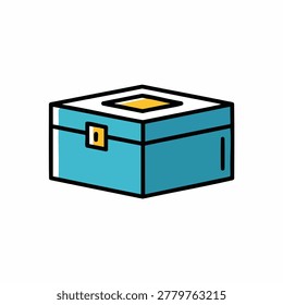 A flat icon design of a closed rectangular blue box with a central yellow locking mechanism isolated on a plain background