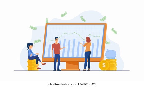 concepto de diseño de icono plano de las personas que invierten en el mercado de valores con monitor de gráfico aislado en color blanco