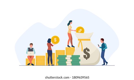 flat icon design concept of people saving money by putting coin in large bag isolated on white color background