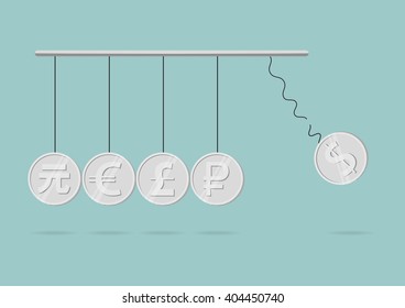 Flat icon design of currency symbol  in newton cradle concept. Vector Illustration