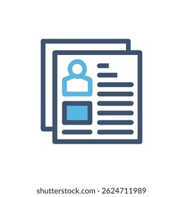 Flat icon design depicting a stack of documents with a person's profile. Teal and dark blue color scheme, minimal style.