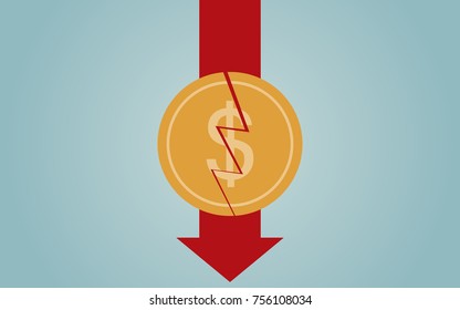 flat icon design of down arrow breaking through dollar currency sign on blue color background