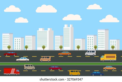 flat icon design of downtown city landscape and car on road under blue sky background