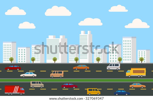 flat icon design of downtown city\
landscape and car on road under blue sky\
background